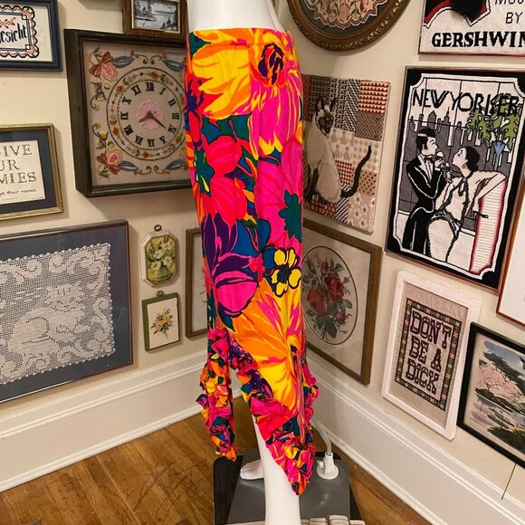 70s Vintage Bright Neon Floral Ruffle Hem Maxi Skirt With Elastic Waist Size M - Picture 3 of 4